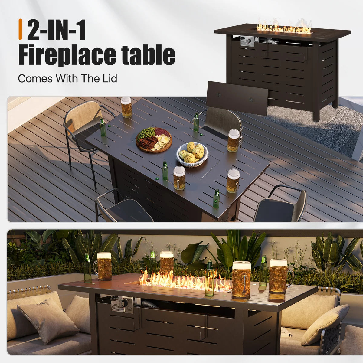 40" W x 20" D Rectangle Steel Propane Fire Pit Table, Dark Brown
