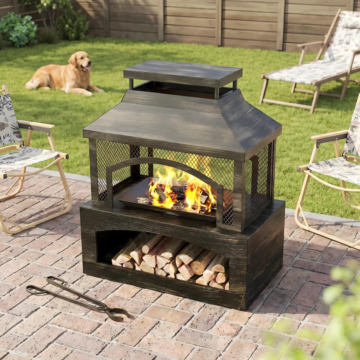Elneta 32.28" W Steel Outdoor Fireplace with Log Storage