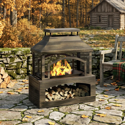 Elneta 32.28" W Steel Outdoor Fireplace with Log Storage